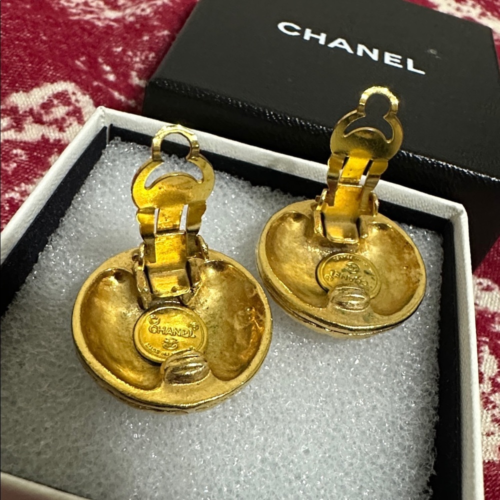 Chanel Gold-Tone Interlocking CC Button Earrings - Picture 6 of 10